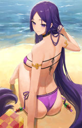 Rule 34 | 1girl, absurdres, armlet, ass, back, bare shoulders, beads, bikini, blush, breasts, choker, eyepatch bikini, fate/grand order, fate (series), highres, holding, holding own hair, large breasts, long hair, looking at viewer, looking back, mature female, minamoto no raikou (fate), minamoto no raikou (fate/grand order), minamoto no raikou (swimsuit lancer) (fate), parted bangs, purple bikini, purple eyes, purple hair, rororo, sitting, solo, swimsuit, thighs, very long hair