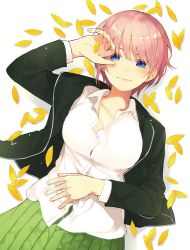 Rule 34 | 1girl, black jacket, blazer, blue eyes, blush, breasts, cleavage, closed mouth, collared shirt, commentary request, cover, cover page, cowboy shot, earrings, eyebrows hidden by hair, female focus, go-toubun no hanayome, green skirt, hair between eyes, hand on own stomach, hand over face, hand up, haruba negi, highres, huge breasts, jacket, jewelry, large breasts, long sleeves, looking at viewer, lying, nakano ichika, official art, on back, open clothes, open jacket, petals, pink hair, plant, pleated skirt, school uniform, shirt, short hair, sidelocks, simple background, single earring, skirt, smile, solo, stud earrings, untucked shirt, white background, white shirt, yellow petals