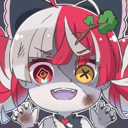 Rule 34 | 1girl, :d, ahoge, bare shoulders, black bow, bow, claw pose, commentary, fangs, grey background, hair bow, hands up, heart, heterochromia, hololive, hololive indonesia, kureiji ollie, multicolored hair, open mouth, outline, red eyes, red hair, rutorifuki, smile, solo, stitched face, stitched torso, stitches, two-tone hair, virtual youtuber, white hair, white outline, yellow eyes