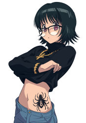 Rule 34 | 1girl, asada hachi, black-framed eyewear, black hair, bracelet, breasts, commentary, cowboy shot, cross, cross necklace, denim, glasses, highres, hunter x hunter, inverted cross, jeans, jewelry, looking to the side, medium breasts, navel, necklace, pants, purple eyes, shizuku murasaki, short hair, simple background, solo, spider tattoo, stomach, sweater, tattoo, turtleneck, turtleneck sweater, twitter username, undressing, watermark, white background
