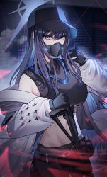 Rule 34 | 1girl, absurdres, bare shoulders, baseball cap, black gloves, black hat, black pants, black shirt, blue archive, blue eyes, blue hair, breasts, commentary, cowboy shot, crop top, gloves, hand up, hat, highres, jacket, jeze, large breasts, long hair, long sleeves, looking at viewer, mask, midriff, mouth mask, navel, off shoulder, open clothes, open jacket, pants, saori (blue archive), shirt, sleeveless, sleeveless shirt, solo, standing, stomach, very long hair, white jacket