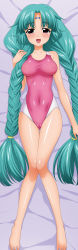Rule 34 | 1990s (style), 1girl, :d, aqua hair, bare legs, bare shoulders, barefoot, blush, braid, breasts, canal vorfeed, competition swimsuit, covered erect nipples, covered navel, dakimakura (medium), facial mark, feet, forehead mark, full body, highres, large breasts, legs, long hair, long image, looking at viewer, lost universe, lying, navel, on back, one-piece swimsuit, open mouth, pink one-piece swimsuit, purple eyes, retro artstyle, shiny clothes, shiny skin, skin tight, smile, solo, sugimura tomokazu, swimsuit, tall image, toes, twin braids, very long hair
