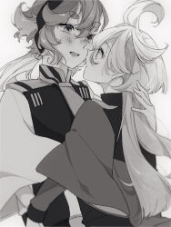 Rule 34 | 2girls, ahoge, arm around back, asticassia school uniform, blush, collared jacket, eye contact, face-to-face, from side, greyscale, gundam, gundam suisei no majo, hair between eyes, hairband, jacket, long hair, long sleeves, looking at another, miorine rembran, monochrome, multiple girls, open mouth, raised eyebrows, school uniform, short hair, shoulder boards, sidelocks, sirako, suletta mercury, teeth, thick eyebrows, upper body, upper teeth only, yuri