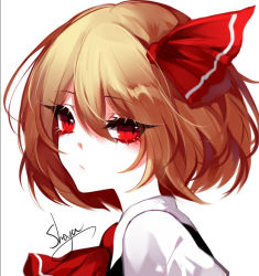Rule 34 | 1girl, artist name, ascot, blonde hair, commentary, eyelashes, eyes visible through hair, hair between eyes, hair ribbon, looking at viewer, portrait, red ascot, red eyes, red ribbon, ribbon, rumia, sheya, shirt, short hair, signature, simple background, solo, touhou, white background, white shirt, wing collar