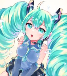 Rule 34 | 1girl, :o, ahoge, aqua eyes, aqua hair, aqua necktie, bare shoulders, beamed eighth notes, black skirt, black sleeves, blurry, blurry foreground, breasts, commentary, detached sleeves, eighth note, from above, grey shirt, hair ornament, hatsune miku, headphones, headset, highres, long hair, looking at viewer, medium breasts, miniskirt, musical note, necktie, open mouth, pleated skirt, quarter note, shirt, short necktie, skirt, sleeveless, sleeveless shirt, solo, soramame pikuto, symbol-only commentary, twintails, upper body, very long hair, vocaloid