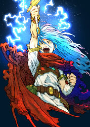 Rule 34 | 1boy, armor, belt, belt pouch, blue hair, breastplate, breath of fire, breath of fire i, brown belt, cape, clenched hand, dragon wings, electricity, electrokinesis, facial mark, floating hair, forehead mark, highres, holding, holding sword, holding weapon, light particles, long hair, looking at object, male focus, open mouth, pouch, red cape, ryuu (breath of fire ii), short sleeves, solo, sword, tunic, weapon, white tunic, wings, yoshikawa tatsuya