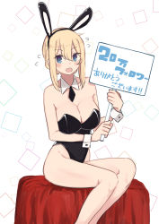Rule 34 | 1girl, :d, absurdres, animal ears, black leotard, blonde hair, blue eyes, blush, breasts, fake animal ears, feet out of frame, flying sweatdrops, hair between eyes, hair bun, highleg, highleg leotard, highres, holding, holding sign, kinpatsu-chan (rucchiifu), large breasts, legs together, leotard, looking at viewer, open mouth, original, playboy bunny, rabbit ears, rucchiifu, sign, single hair bun, sitting, smile, solo, wrist cuffs