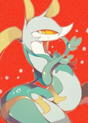 Rule 34 | akadako, animal focus, bags under eyes, closed mouth, creatures (company), game freak, gen 5 pokemon, happy, looking at viewer, nintendo, no humans, one-hour drawing challenge, orange eyes, outline, pokemon, pokemon (creature), profile, red background, serperior, simple background, slit pupils, smile, solo