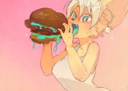 Rule 34 | 1girl, :3, :d, animal ears, bad id, bad pixiv id, blue eyes, bright pupils, burger, colored skin, earrings, eating, fangs, fingernails, food, from side, furry, furry female, idkuroi, jewelry, open mouth, original, sharp teeth, shirt, sleeveless, sleeveless shirt, smile, solo, teeth, upper body, v-shaped eyebrows, white pupils, white shirt, yellow fur, yellow skin