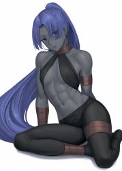 Rule 34 | 1girl, abs, arm support, armlet, assassin (fate/zero), bare shoulders, black pants, blue eyes, breasts, collarbone, colored skin, commentary request, dark-skinned female, dark skin, earrings, expressionless, eyes visible through hair, fate/zero, fate (series), female assassin (fate/zero), female focus, floating hair, full body, grey skin, halterneck, head tilt, highres, hoop earrings, jewelry, long hair, looking at viewer, muscular, muscular female, navel, pants, parted bangs, parted lips, ponytail, purple hair, ranma (kamenrideroz), simple background, sitting, small breasts, solo, stomach, thigh strap, tight clothes, tight pants, very dark skin, very long hair, white background
