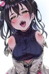 Rule 34 | 1girl, ahegao, bare shoulders, belt, black hair, blush, breasts, breasts squeezed together, coat, earrings, idolmaster, idolmaster cinderella girls, jewelry, large breasts, long hair, looking at viewer, open mouth, sharp teeth, source request, sunazuka akira, teeth, tem10, tongue, tongue out, yellow eyes