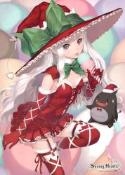 Rule 34 | 10s, 1girl, :p, absurdres, bare shoulders, blue eyes, christmas, elbow gloves, familiar, food, gloves, hat, heart, highres, huge filesize, ice cream, ice cream cone, melty (shining hearts), red gloves, sega, shining (series), shining hearts, shining world, sorbe (shining hearts), sweatdrop, thighhighs, tongue, tongue out, tony taka, witch, witch hat