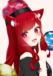 Rule 34 | 1girl, animal ear fluff, animal ears, bare shoulders, cat ears, cat girl, earth (ornament), hecatia lapislazuli, highres, long hair, moon (ornament), open mouth, red eyes, red hair, shinonome asu, simple background, smile, solo, touhou, underworld (ornament), white background