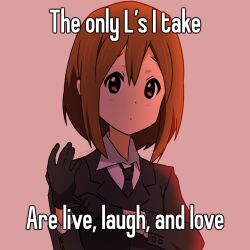 Rule 34 | 1girl, artist name, bad id, bad twitter id, black gloves, black jacket, brown eyes, brown hair, closed mouth, collared shirt, dot mouth, dot nose, english text, expressionless, gloves, hands up, highres, hirasawa yui, image macro (meme), jacket, k-on!, long sleeves, looking at viewer, meme, necktie, pink background, shirt, short hair, simple background, solo, the freakin yui, upper body, white shirt