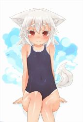 Rule 34 | 1girl, aged down, animal ear fluff, animal ears, blue one-piece swimsuit, blush, commentary request, covered erect nipples, covered navel, flat chest, hair between eyes, highres, inubashiri momiji, kibisake, looking at viewer, navel, one-piece swimsuit, red eyes, school swimsuit, short hair, simple background, smile, solo, swimsuit, tail, tan, touhou, white background, white hair, wolf ears, wolf tail