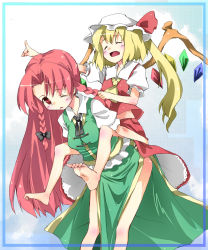Rule 34 | 2girls, bad id, bad pixiv id, barefoot, blush, bonnet, bow, braid, carrying, china dress, chinese clothes, dress, embodiment of scarlet devil, fang, feet, female focus, flandre scarlet, grabbing another&#039;s hair, hair ribbon, hat, hat ribbon, hong meiling, long hair, mob cap, multiple girls, one eye closed, one side up, parted bangs, piggyback, red eyes, red hair, ribbon, side ponytail, subachi, toe scrunch, toes, touhou, twin braids, very long hair, wings, wink