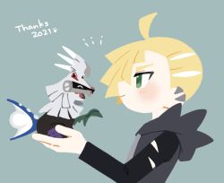 Rule 34 | 1boy, ahoge, blonde hair, blush, closed mouth, commentary request, creatures (company), daifuku (pokefuka art), ear piercing, game freak, gen 7 pokemon, gladion (pokemon), green eyes, grey background, holding, holding pokemon, hood, hood down, hoodie, legendary pokemon, long sleeves, male focus, miniature, nintendo, notice lines, piercing, pokemon, pokemon (creature), pokemon sm, short hair, silvally, smile, thank you, torn clothes, upper body
