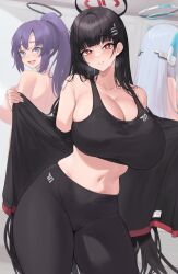 Rule 34 | 3girls, :d, bare shoulders, black hair, black jacket, black pants, black sports bra, blue archive, blue eyes, breasts, bright pupils, cleavage, collarbone, commentary, cowboy shot, crop top, hair ornament, head tilt, highres, huge breasts, jacket, kuavera, leggings, long hair, looking at viewer, midriff, multiple girls, navel, noa (blue archive), nude, open mouth, pants, parted lips, purple hair, red eyes, rio (blue archive), smile, sports bra, standing, symbol-only commentary, thick thighs, thighs, very long hair, white pupils, yoga pants, yuuka (blue archive)