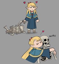 Rule 34 | 1girl, belt, blue capelet, blue robe, bone, bow, braid, capelet, choker, dungeon meshi, eggtempest, elf, falin touden, green eyes, hair bow, heart, kiss, kissing cheek, marcille donato, pointy ears, red bow, red choker, robe, sandals, skeleton