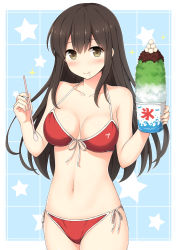 Rule 34 | 10s, 1girl, akagi (kancolle), bad id, bad pixiv id, bare arms, bare shoulders, bikini, black hair, blush, breasts, brown eyes, brown hair, cleavage, collarbone, cowboy shot, food, front-tie bikini top, front-tie top, holding, holding spoon, kantai collection, long hair, looking at viewer, medium breasts, nakamura sumikage, navel, red bikini, saliva, shaved ice, side-tie bikini bottom, smile, solo, spoon, star (symbol), starry background, stomach, swimsuit