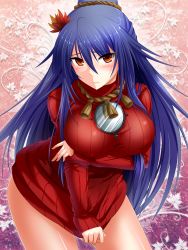 Rule 34 | 1girl, alternate hair length, alternate hairstyle, blush, bottomless, breast hold, breasts, clothes tug, covered erect nipples, covering privates, covering crotch, fujino (yoshi9798174), hair ornament, highres, large breasts, long hair, naked sweater, no pants, purple hair, red eyes, ribbed sweater, solo, sweater, sweater tug, touhou, turtleneck, yasaka kanako