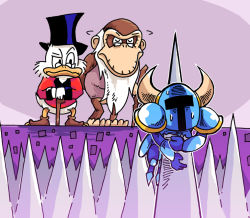 Rule 34 | 3boys, ape, armor, bird, cane, cranky kong, crossover, disney, donkey kong (series), donkey kong country, duck, duck tales, dying, failure, fake horns, glasses, hat, helmet, horned helmet, horns, impaled, male focus, multiple boys, nintendo, no humans, scrooge mcduck, setz, shovel knight, shovel knight (character), spikes, sweatdrop, top hat, trait connection