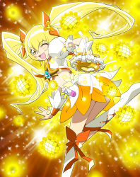 Rule 34 | 10s, 1girl, blonde hair, blush, boots, bow, brooch, cure sunshine, hair ribbon, heart, heart brooch, heartcatch precure!, highres, instrument, jewelry, knee boots, long hair, magical girl, midriff, myoudouin itsuki, one eye closed, open mouth, orange bow, precure, ribbon, skirt, solo, tambourine, twintails, v-mag, wink, wrist cuffs, yellow background, yellow bow, yellow eyes, yellow theme