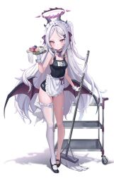 Rule 34 | 1girl, apron, bad hands, bandaid, bandaid on thigh, bare shoulders, bat wings, black footwear, black one-piece swimsuit, blue archive, cake, closed mouth, collar, commentary, cup, demon horns, detached collar, food, forehead, frilled apron, frilled collar, frilled thighhighs, frills, full body, gloves, hair intakes, halo, high heels, highres, hina (blue archive), hina (swimsuit) (blue archive), holding, holding tray, horns, long hair, looking at viewer, low wings, maid, maid apron, maid headdress, mop, name tag, official alternate costume, one-piece swimsuit, pink eyes, riko (rik0ring), school swimsuit, serving cart, shadow, single thighhigh, solo, sparkle, standing, sweatdrop, swimsuit, thighhighs, tray, v-shaped eyebrows, very long hair, waist apron, white apron, white gloves, white hair, white thighhighs, wings