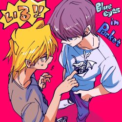 Rule 34 | 2boys, blonde hair, blue-eyes white dragon, blue eyes, brown hair, commentary request, dated commentary, duel monster, english text, from above, hair between eyes, hand in pocket, in pocket, jonouchi katsuya, kaiba seto, kararimorz, looking at another, male focus, mini dragon, multiple boys, open mouth, pants, pink background, shirt, short hair, smile, speech bubble, standing, sweatdrop, t-shirt, translation request, yu-gi-oh!, yu-gi-oh! duel monsters