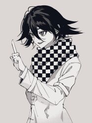 Rule 34 | 1boy, black hair, buttons, checkered clothes, checkered scarf, danganronpa (series), danganronpa v3: killing harmony, eyelashes, flipped hair, grey background, greyscale, hair between eyes, hand up, highres, long sleeves, looking ahead, male focus, monochrome, oma kokichi, open mouth, pointing, pointing up, san nohe (mito), scarf, short hair, smile, solo, straitjacket, upper body