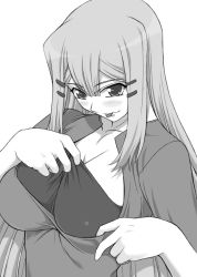 Rule 34 | 00s, 1girl, adjusting clothes, blush, breasts, greyscale, gundam, gundam 00, huge breasts, long hair, louise halevy, monochrome, shichimenchou, simple background, solo, tongue, tongue out, upper body, white background