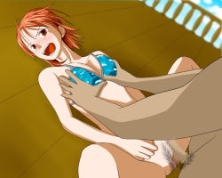 Rule 34 | 14mm, bikini, blush, breasts, censored, large breasts, nami (one piece), one piece, orange hair, pubic hair, swimsuit