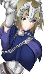 Rule 34 | 1girl, armor, armored dress, arms up, blonde hair, blue eyes, breasts, chain, fate/apocrypha, fate/grand order, fate (series), gauntlets, headpiece, highres, jeanne d&#039;arc (fate), jeanne d&#039;arc (ruler) (fate), large breasts, long hair, looking at viewer, mousou fukuza gata, ruler (fate/grand order), simple background, solo, sweat, upper body, white background