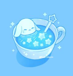 Rule 34 | 1other, animal focus, bathing, blue theme, closed eyes, commentary, cup, emily kim, english commentary, facial mark, highres, no humans, original, partially submerged, rabbit, shadow, shooting star, smile, star (symbol), tea, teacup, twitter username, wand, whisker markings