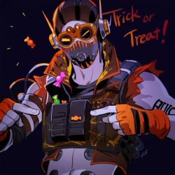 Rule 34 | 1boy, apex legends, black background, black headwear, black shirt, candy, cropped shirt, cropped vest, fingerless gloves, food, gloves, goggles, iwamoto zerogo, looking at viewer, mask, mouth mask, navel, octane (apex legends), orange eyes, orange gloves, orange vest, pointing, shirt, solo, trick or treat, upper body, vest