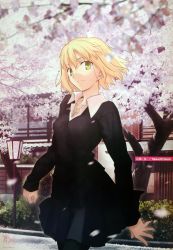 Rule 34 | 1girl, absurdres, blonde hair, cherry blossoms, green eyes, highres, jewelry, kyoto, original, pantyhose, skirt, solo, takeuchi takashi, tree