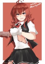 Rule 34 | 10s, 1girl, arashi (kancolle), highres, kantai collection, ken hayasaka, open clothes, open vest, red hair, shirt, skirt, solo, torn clothes, vest, white shirt