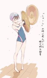 Rule 34 | 1girl, arm up, bare shoulders, blue one-piece swimsuit, blush, brown hair, collarbone, goggles, goggles on head, highres, instrument, instrument request, motion lines, music, one-piece swimsuit, one eye closed, original, parted lips, playing instrument, popman3580, sketch, solo, standing, swim cap, swimsuit, wet, wooden floor