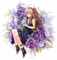 Rule 34 | 1girl, ankle strap, black footwear, black nails, blush, boots, brown hair, casual, crossed bangs, dress, flower, full body, girls&#039; frontline, hair between eyes, hair ornament, high heel boots, high heels, holding, holding flower, layered dress, long hair, looking at viewer, nail polish, official alternate costume, one side up, purple dress, scar, scar across eye, scar on face, scarf, sidelocks, silence girl, sitting, sleeveless, sleeveless dress, smile, solo, ump45 (diamond flower) (girls&#039; frontline), ump45 (girls&#039; frontline), wristband, yellow eyes