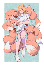 Rule 34 | 1girl, animal ears, blonde hair, blue ribbon, border, chinese commentary, commentary, eyebrows hidden by hair, fluffy, fox, fox ears, fox girl, full body, hair over one eye, highres, kudamaki tsukasa, looking at viewer, medium hair, neck ribbon, outside border, parted lips, petting, ribbon, short sleeves, smile, socks, solo, too many foxes, touhou, towne, vial, white border, white romper, white socks, yellow eyes