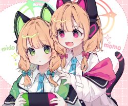 Rule 34 | 2girls, animal ear headphones, animal ears, blonde hair, blue archive, blue necktie, blush, cat tail, collared shirt, fake animal ears, green eyes, green halo, halo, handheld game console, headphones, highres, holding, holding handheld game console, jacket, long sleeves, midori (blue archive), momoi (blue archive), multiple girls, necktie, open mouth, parted lips, peach5828, pink halo, red eyes, shirt, short hair, siblings, sisters, smile, tail, twins, two-sided fabric, two-sided jacket, white jacket, white shirt, wide sleeves