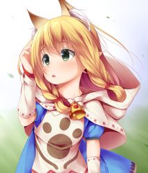 Rule 34 | 1girl, animal ears, animal hands, arm warmers, bell, blonde hair, blue dress, blush, braid, cat ears, cat paws, cloak, dress, extra ears, green eyes, hand in own hair, haryuu (poetto), hood, hooded cloak, layered dress, leaf, looking to the side, meowstress, monster hunter, monster hunter (series), monster hunter x, nekojo, open mouth, pointy ears, solo, upper body
