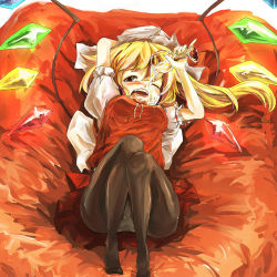Rule 34 | 1girl, ast, ast (artist), bad id, bad pixiv id, black pantyhose, blonde hair, cup, drinking glass, female focus, flandre scarlet, hat, lying, no shoes, on back, one eye closed, panties, panties under pantyhose, pantyhose, red eyes, sexually suggestive, short hair, side ponytail, solo, touhou, underwear, white panties, wine glass, wings