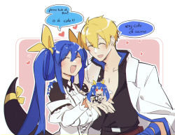 Rule 34 | 1boy, 1girl, alternate costume, asymmetrical wings, blonde hair, blue gloves, blue hair, blush, bow, breasts, collarbone, commentary, couple, dizzy (guilty gear), english commentary, english text, closed eyes, gloves, guilty gear, guilty gear strive, guilty gear xrd, hair between eyes, hair bow, hair ribbon, hand on another&#039;s shoulder, heart, husband and wife, jacket, ky kiske, large breasts, maid, open mouth, pectorals, red eyes, ribbon, rirene rn, short hair, smile, tail, tail bow, tail ornament, twintails, white jacket, wings, yellow bow