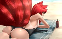 Rule 34 | 1girl, animal ears, ass, beach, black one-piece swimsuit, breasts, character request, clothes pull, copyright request, fluffy, fox ears, fox tail, from behind, highres, j.k., long hair, looking at viewer, looking back, lotion, lying, medium breasts, multiple tails, nipples, non-web source, on stomach, one-piece swimsuit, one-piece swimsuit pull, one-piece tan, red eyes, red hair, smile, solo, sunscreen, swimsuit, tail, tan, tanline