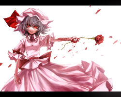 Rule 34 | 1girl, blood, blood drip, blood on hands, bow, breasts, buttons, closed mouth, collared shirt, commentary request, cowboy shot, dripping, expressionless, flower, frilled shirt collar, frilled sleeves, frills, grey hair, hair between eyes, hat, hat ribbon, lastdark, letterboxed, long bangs, looking at viewer, mob cap, outstretched arm, petals, pink hat, pink shirt, pink skirt, puffy short sleeves, puffy sleeves, red bow, red eyes, red flower, red ribbon, red rose, red sash, remilia scarlet, ribbon, rose, sash, scratches, self-harm scar, shirt, short hair, short sleeves, simple background, skirt, skirt set, sleeve bow, slit pupils, small breasts, solo, touhou, white background