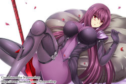 Rule 34 | 1girl, armor, blush, bodysuit, breasts, covered navel, fate/grand order, fate (series), gae bolg (fate), large breasts, long hair, looking at viewer, lying, on back, parted lips, pauldrons, petals, polearm, purple bodysuit, purple hair, red eyes, scathach (fate), scathach (fate), shoulder armor, solo, spear, the-sinner, very long hair, weapon