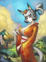 Rule 34 | 1girl, animal ears, blue sky, breasts, brown eyes, cleavage, cloud, commentary request, dango, day, eyeshadow, fangs, food, fox ears, fox tail, grass, highres, japanese clothes, kimono, kongiku, large breasts, leaf, leaf on head, long hair, makeup, narongchai singhapand, oboro muramasa, orange kimono, outdoors, pale skin, ponytail, silver hair, sky, solo, tail, wagashi, wind
