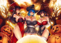 Rule 34 | 3girls, black dress, black hair, blue hair, breasts, cleavage, commentary, dress, earrings, english commentary, erkaz, gradient hair, hat, highres, huge breasts, jack-o&#039;-lantern, jewelry, long hair, looking at viewer, looking to the side, multicolored hair, multiple girls, original, red dress, red eyes, red hair, rina atherina, short hair, twintails, witch hat