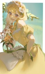 1girl :d apron bare_shoulders blonde_hair blunt_bangs blurry blurry_background bouquet braid detached_sleeves dress flower green_ribbon green_sash hair_flower hair_ornament hair_over_shoulder hairband hand_on_own_hip highres holding holding_bouquet long_hair looking_at_viewer open_mouth original outdoors poscorn617 puffy_short_sleeves puffy_sleeves red_eyes ribbon sash shade short_sleeves sleeveless sleeveless_dress smile solo teeth twin_braids waist_apron white_apron white_flower white_hairband yellow_dress yellow_flower